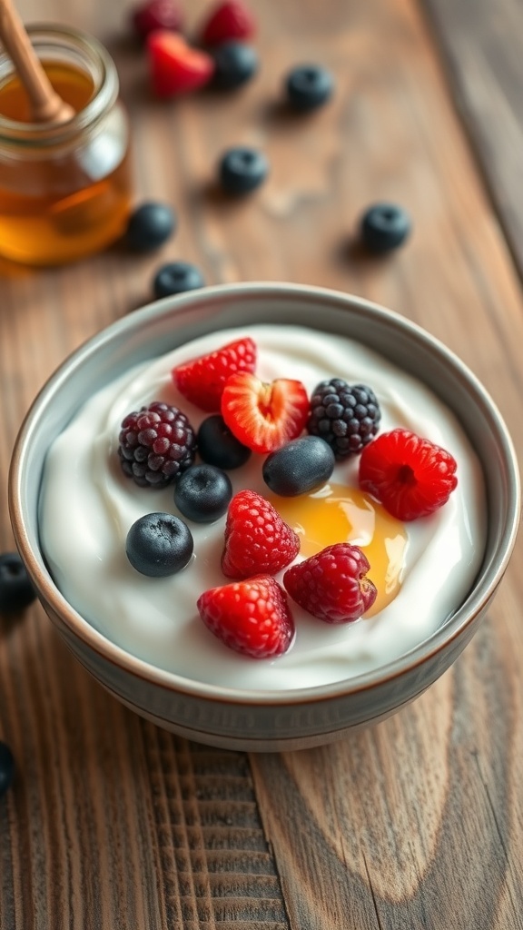 Homemade Yogurt Recipe A bowl of homemade yogurt topped with berries and honey on a wooden table.